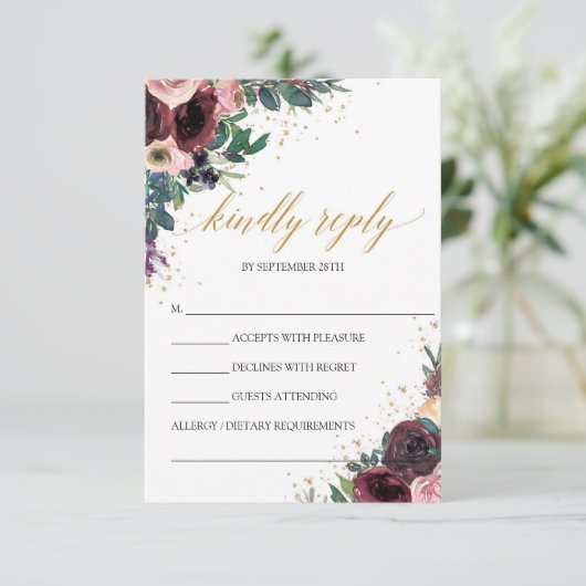 Winter diep rood marsala mauve rozen goud geometri RSVP kaartje (Staand voorkant)