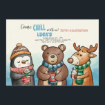 Winter Dier Vrienden Verjaardagsfeest Kaart<br><div class="desc">Drie dierenvrienden (pinguïn, beer, hert) zijn gekleed voor de kou en koelen met warme drinken in hun handen. Een leuke winter-thema verjaardagsfeestuitnodiging.Achtergrondvector gemaakt door freepik - www.freepik.com). De kaart is eenvoudig aan te passen met uw tekst, lettertype, letterkleur, papiervorm en keuze uit zes papiersoorten.() Niet precies wat u zoekt? Al...</div>