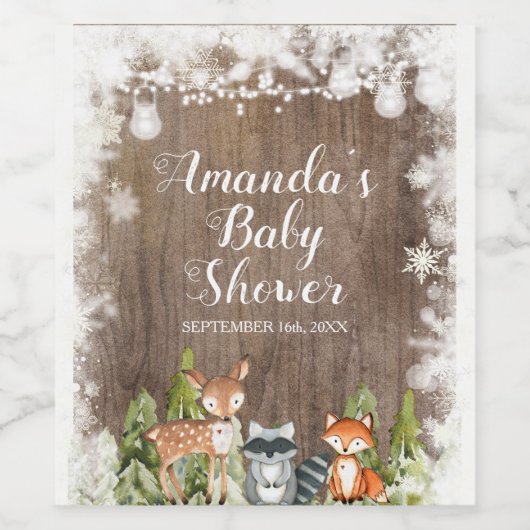 Winter Dieren Houten Sneeuwvlokken Baby Shower Wijn Etiket (Enkel label)