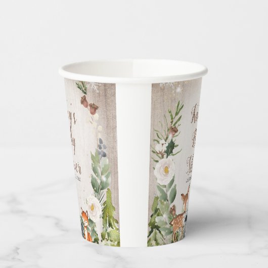 Winter Dieren Woodland White Floral Baby shower Papieren Bekers (Links)