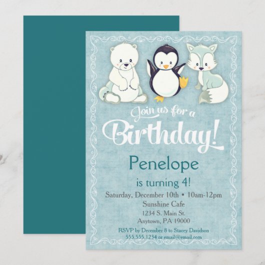 Winter Dierendag Uitnodiging Beer Fox Penguin (Voorkant / Achterkant)