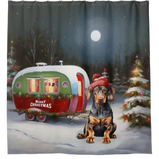 Winter Doberman Caravan Kerstavontuur Douchegordijn (Voorkant)