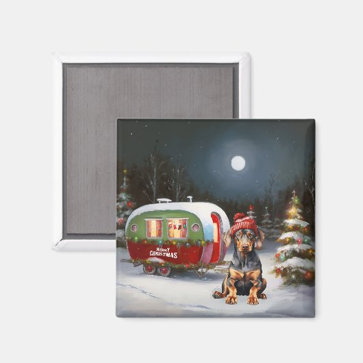Winter Doberman Caravan Kerstavontuur Magneet (Voorkant / Achterkant)