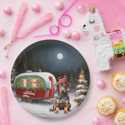 Winter Doberman Caravan Kerstavontuur Papieren Bordje (Feest)