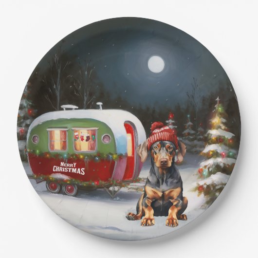 Winter Doberman Caravan Kerstavontuur Papieren Bordje (Voorkant)
