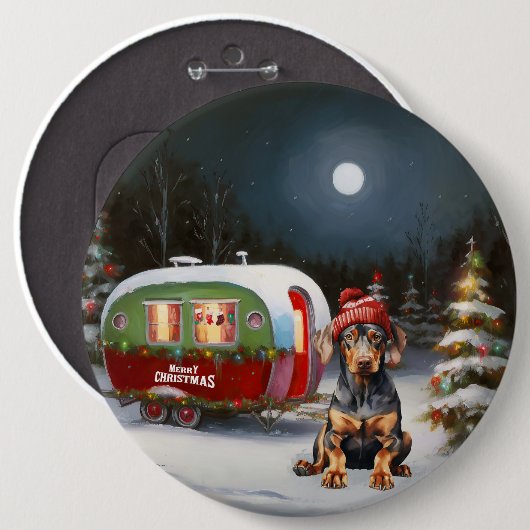 Winter Doberman Caravan Kerstavontuur Ronde Button 6,0 Cm (Voorkant /achterkant)