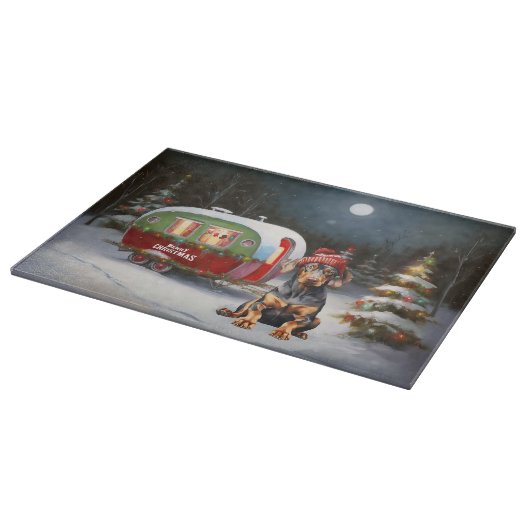 Winter Doberman Caravan Kerstavontuur Snijplank (Hoek)