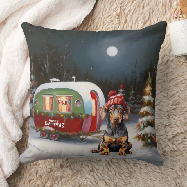 Winter Dobermann Caravan Kerst Avontuur  Kussen (Deken)