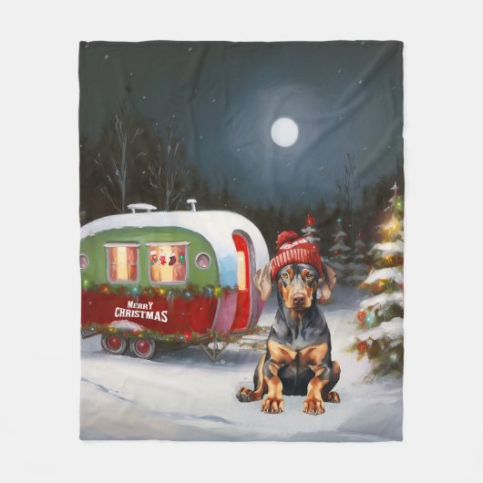 Winter Dobermann Caravan Kerstmis Avontuur Fleece Deken (Voorkant)