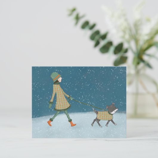 Winter Dog Walking Holiday Briefkaart (Staand voorkant)