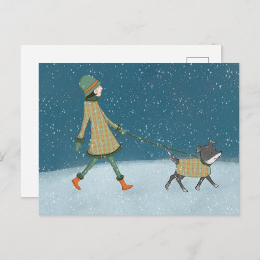 Winter Dog Walking Holiday Briefkaart (Voorkant / Achterkant)