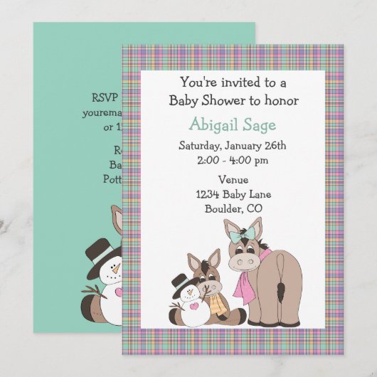 Winter Donkey Baby shower Uitnodiging - Neutraal (Voorkant / Achterkant)