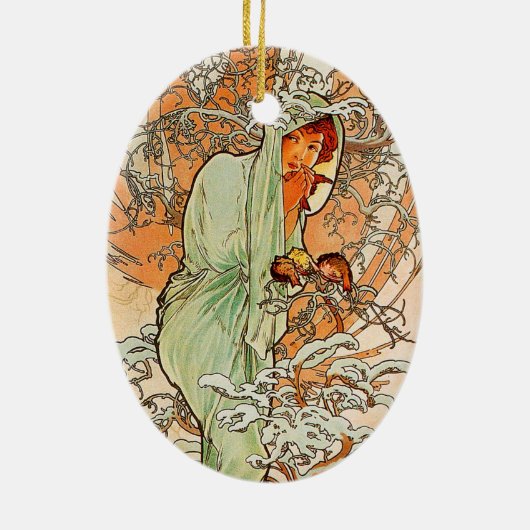  winter door Alphonse Mucha Keramisch Ornament (Achterkant)