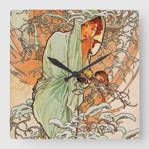  winter door Alphonse Mucha Vierkante Klok