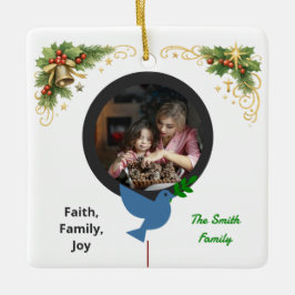 Winter Dove and Olive Branch Two Photo Christmas Keramisch Ornament