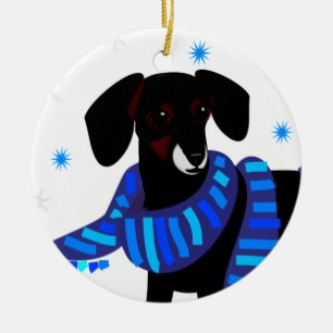 Winter Doxie in blauw Keramisch Ornament