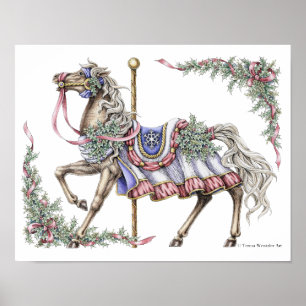 Winter Draaimolen Paard Pen en Inkt Tekening Poste Poster