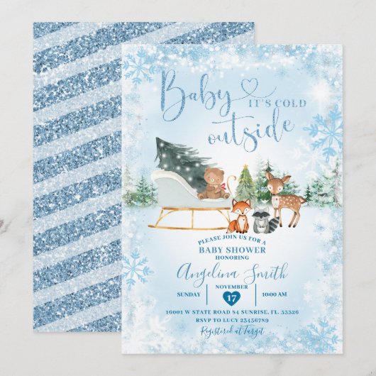 Winter droomblauw Snowflake Sleigh Baby shower Kaart (Voorkant / Achterkant)