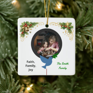 Winter Duif en Olijftak Twee Foto Kerstmis Keramisch Ornament