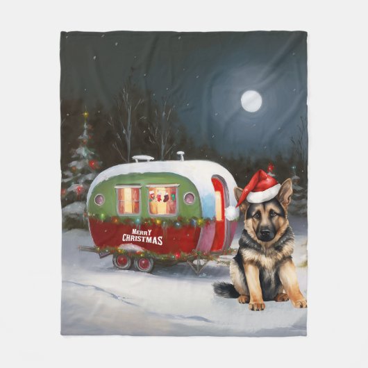 Winter Duitse Herder Caravan Kerstavontuur Fleece Deken (Voorkant)