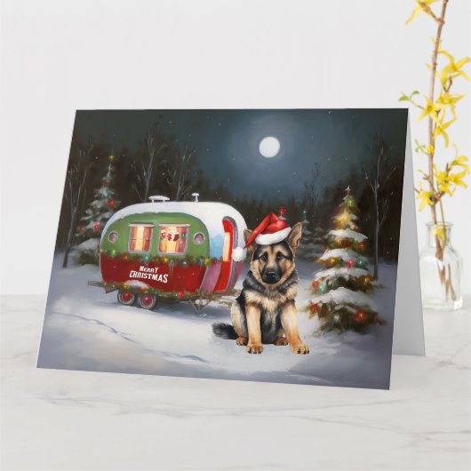 Winter Duitse Herder Caravan Kerstavontuur Kaart (Gele Bloem)