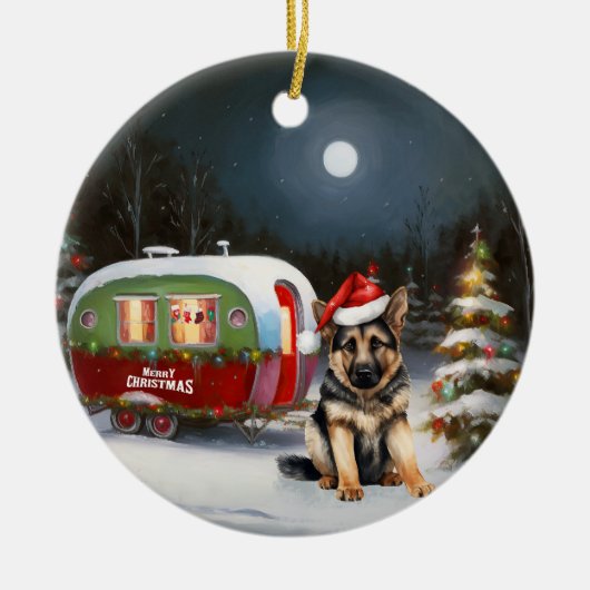 Winter Duitse Herder Caravan Kerstavontuur Keramisch Ornament (Voorkant)