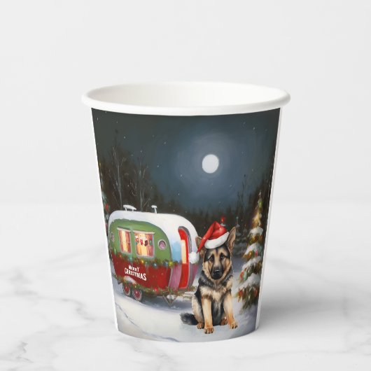 Winter Duitse Herder Caravan Kerstavontuur Papieren Bekers (Achterkant)