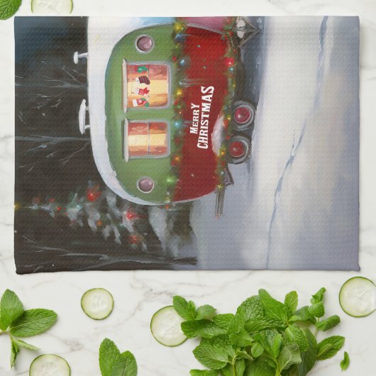 Winter Duitse Herder Caravan Kerstavontuur Theedoek (Gevouwen)