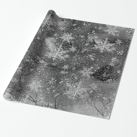 Winter Dusk Night Silver Berries & Snowflakes Cadeaupapier (Uitgerold)