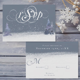 Winter Dusty Blue en White Woodland Wedding RSVP Kaartje