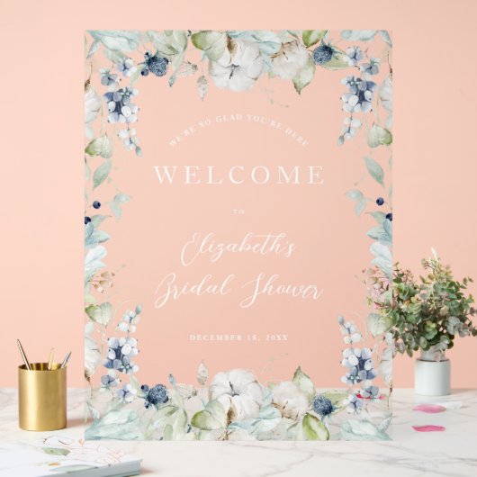 Winter Dusty Blue Floral Lijst Vrijgezellenfeest Acryl Bord (Huwelijk)