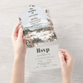 Winter Dusty Blue Mountain Minimalist Wedding All In One Uitnodiging (Afscheurbaar)