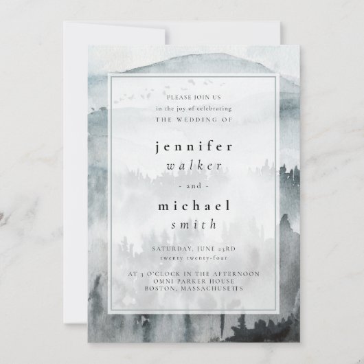 Winter Dusty Blue Mountain Minimalist Wedding Kaart (Voorkant)