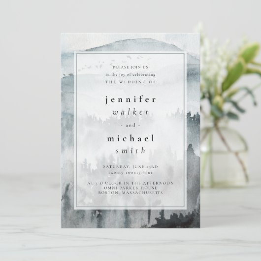 Winter Dusty Blue Mountain Minimalist Wedding Kaart (Staand voorkant)