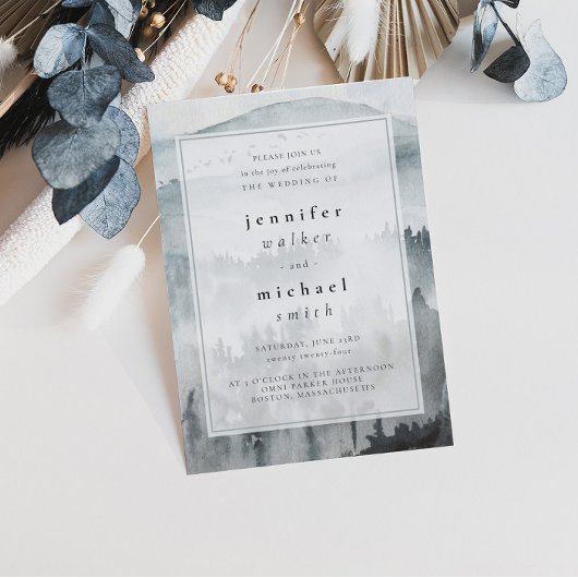 Winter Dusty Blue Mountain Minimalist Wedding Kaart