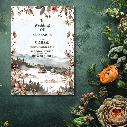 Winter Dusty Blue Mountain Minimalist Wedding Kaart