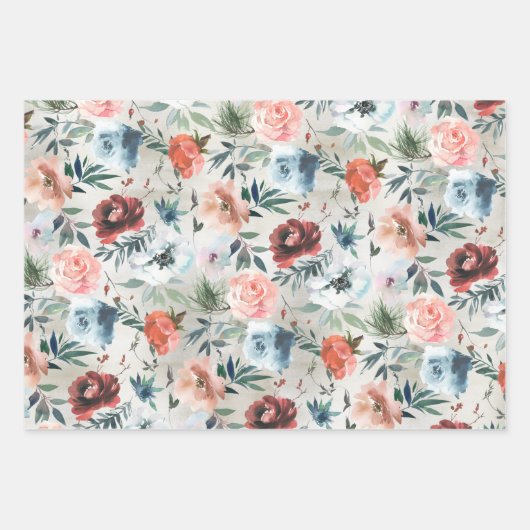 Winter Dusty Blue & Roze Roses Pine & Roos Hip Inpakpapier Vel (Voorkant 2)