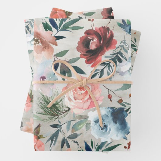 Winter Dusty Blue & Roze Roses Pine & Roos Hip Inpakpapier Vel (In situ)