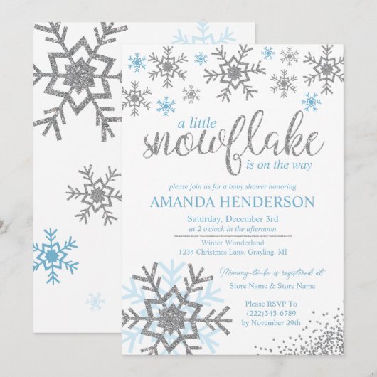 Winter Dusty Blue Snowflake Baby shower Kaart (Voorkant / Achterkant)