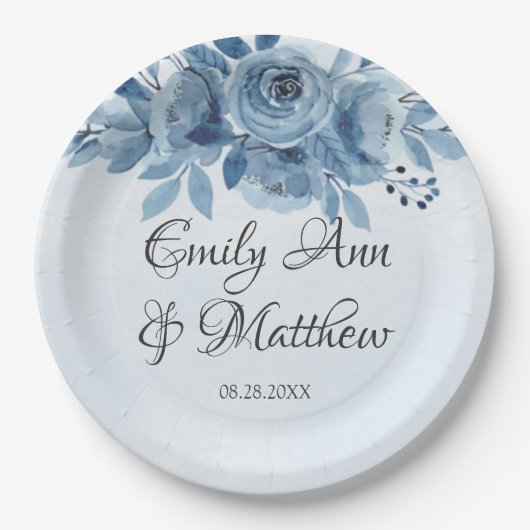 Winter Dusty Blue Waterverf Peony Wedding Papieren Bordje (Voorkant)
