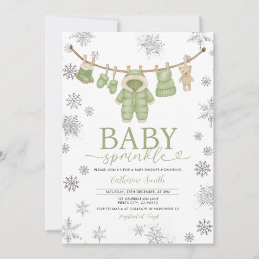 Winter Dusty Green Sprinkle Snowflakes Baby Shower Kaart (Voorkant)