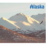 Winter Eagle en Mountains Fotobeeldje Magneet<br><div class="desc">Een kale adelaar vliegt dicht bij het sneeuwbedekte Chugach-gebied bij Anchorage,  AK. Er verschijnt ook een  tekst met de tekst "Alaska".</div>