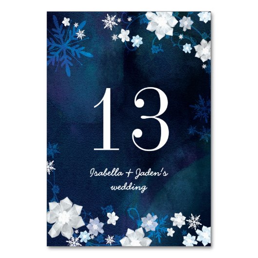 Winter Eden Navy Blue Wedding Table Numbers Kaart (Voorkant)