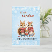 Winter Eekhoorn familie met sjaals Feestdagenkaart (Staand voorkant)