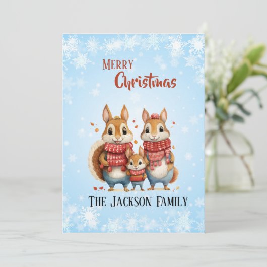 Winter Eekhoorn familie met sjaals Feestdagenkaart (Staand voorkant)