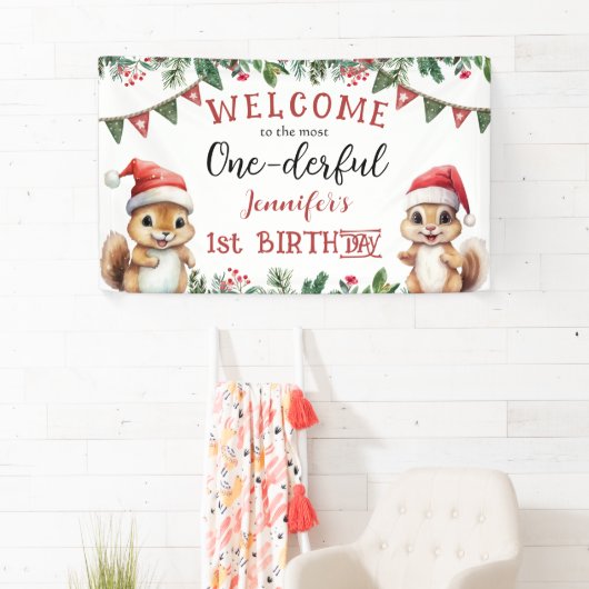 Winter Eekhoorn Kerstmis 1e Verjaardagsfeest Spandoek (Insitu)