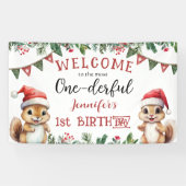 Winter Eekhoorn Kerstmis 1e Verjaardagsfeest Spandoek (Horizontaal)