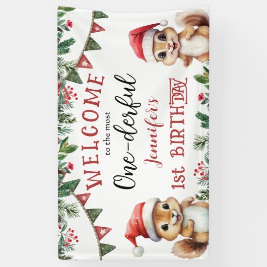 Winter Eekhoorn Kerstmis 1e Verjaardagsfeest Spandoek (Verticaal)