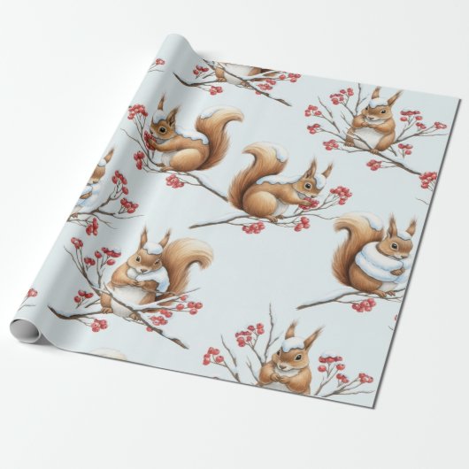 Winter Eekhoorns Tussen Besneeuwde Takken Cadeaupapier (Uitgerold)