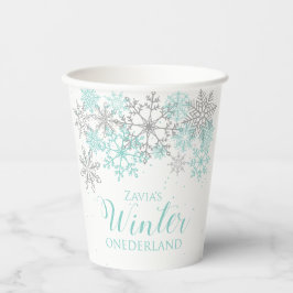 Winter EENderland Licht Turquoise Zilver Sneeuwvlo Papieren Bekers